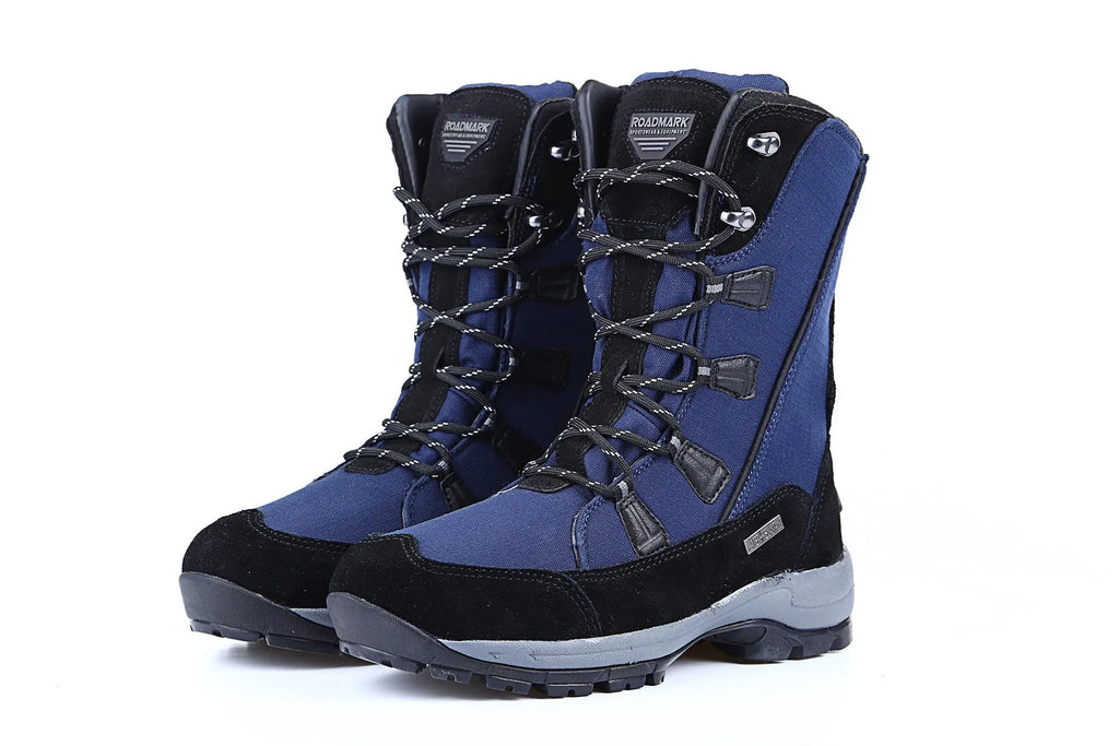 Women's black genuine leather mid-calf thermal snow boots with a round toe and rubber sole.