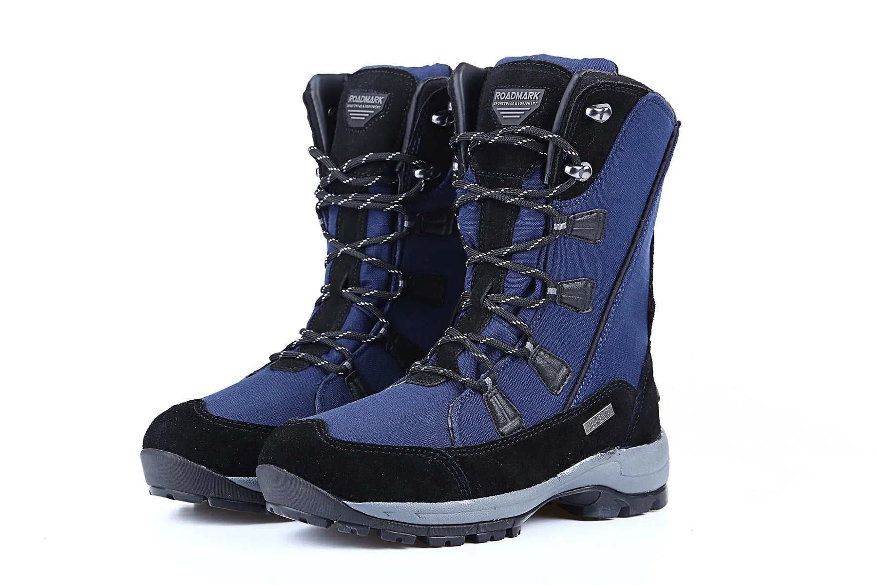 Women's black genuine leather mid-calf thermal snow boots with a round toe and rubber sole.