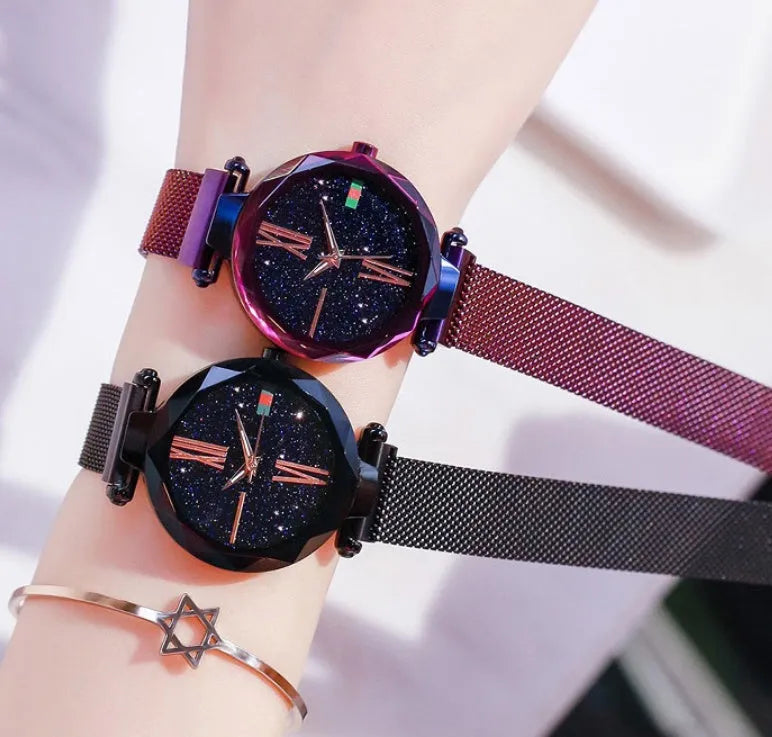 Starry Sky women's watch with magnetic mesh strap, 34mm alloy case, glass surface, diamond dial, available in multiple colours