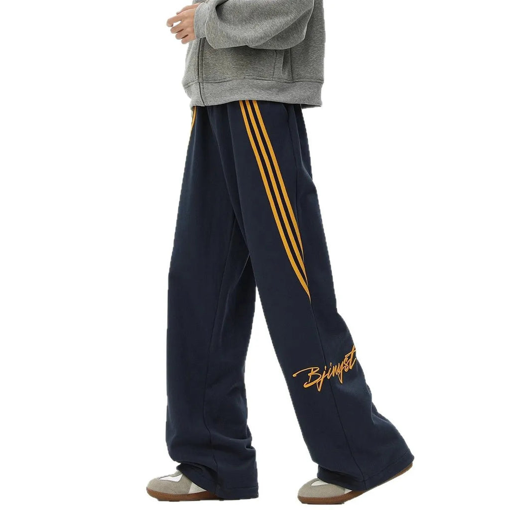 Trendy Brand Striped Men's Loose Straight-leg Casual Pants in Black, Light Gray and Navy Blue, Sizes M to XXXL, Stretch Synthetic Blend Fabric with Wrinkle-Free Treatment for Everyday Comfort