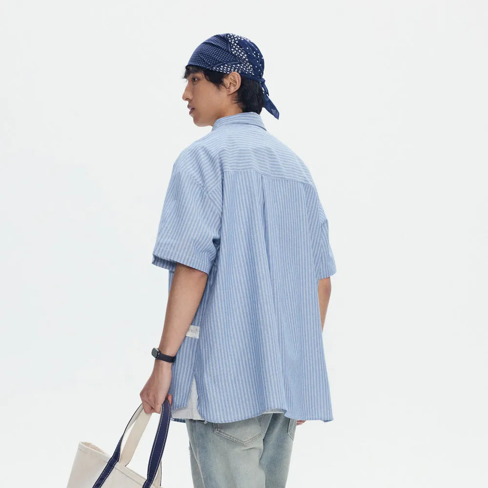 Blue striped short-sleeved overall shirt with loose fit cardigan style