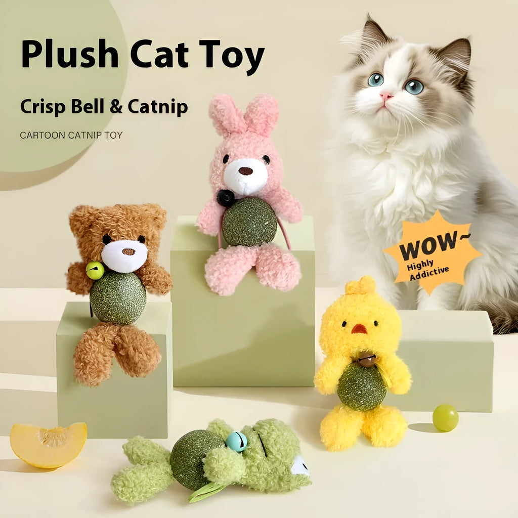 Plush catnip ball toy with bell in brown bear, pink rabbit, piyopiyo or green frog designs