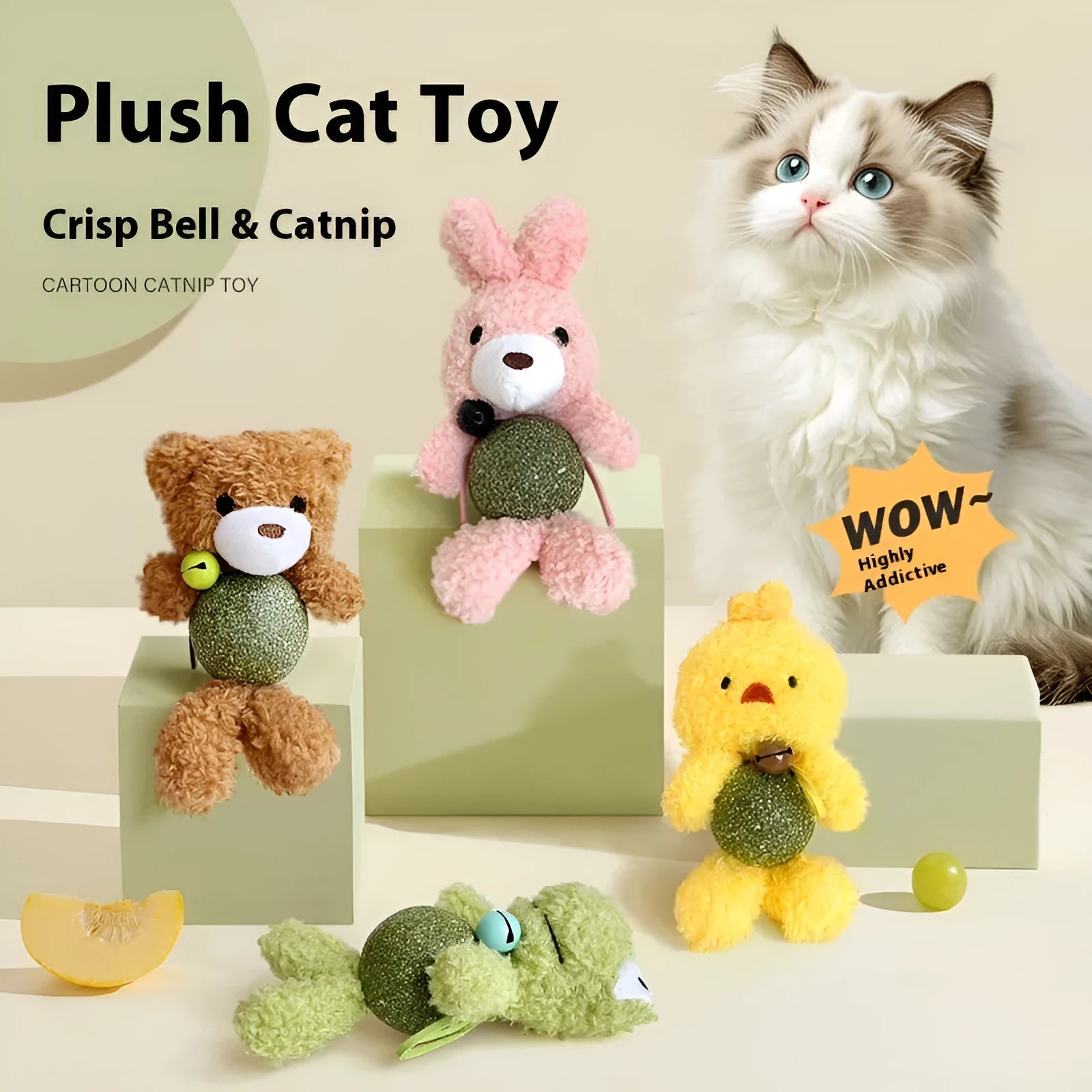 Plush catnip ball toy with bell in brown bear, pink rabbit, piyopiyo or green frog designs