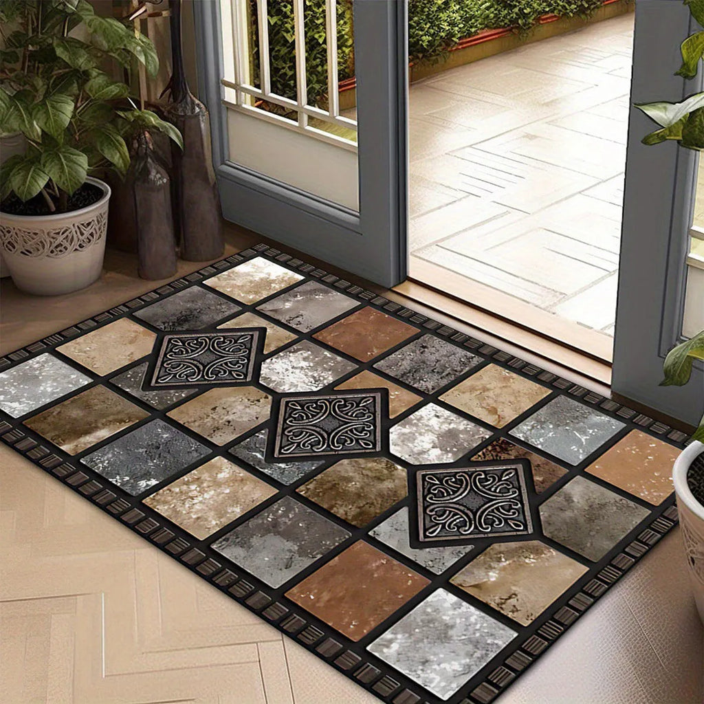 Black and white plaid crystal velvet floor mat, cobblestone colour, on a tiled floor with non-slip backing
