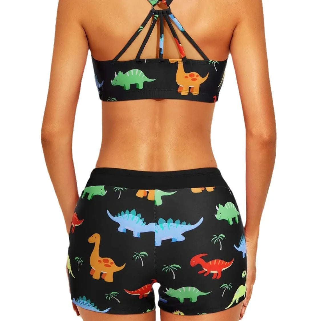 Women's printed swimsuit set with hollow back and covered belly, three pieces: short sleeve top, vest, shorts, in camouflage colour on white background