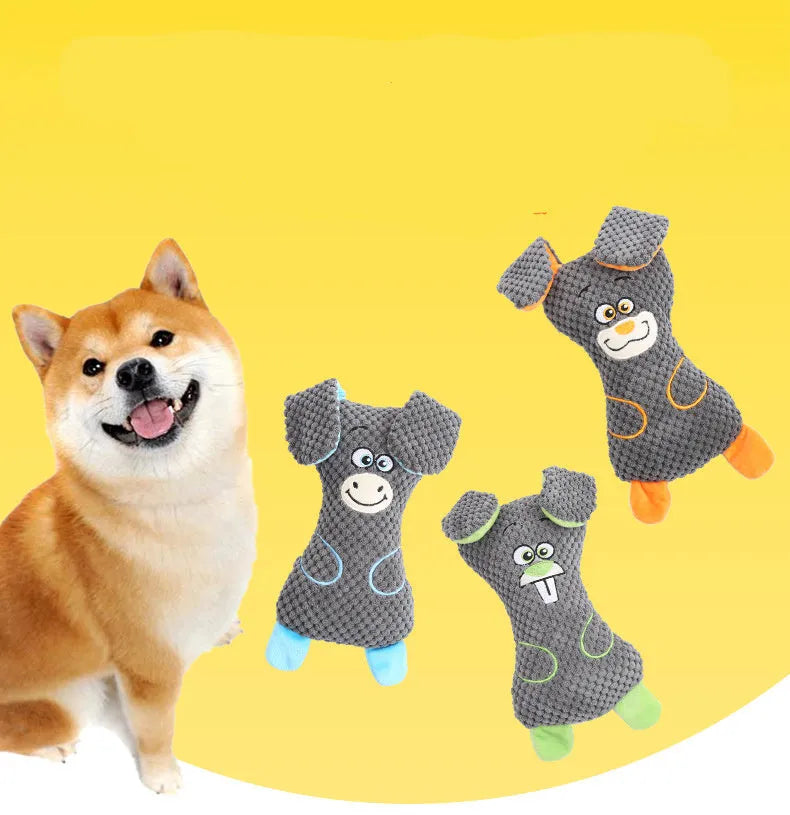 Assorted dog plush bite toys in blue, green, orange with cute animal shapes and squeaker
