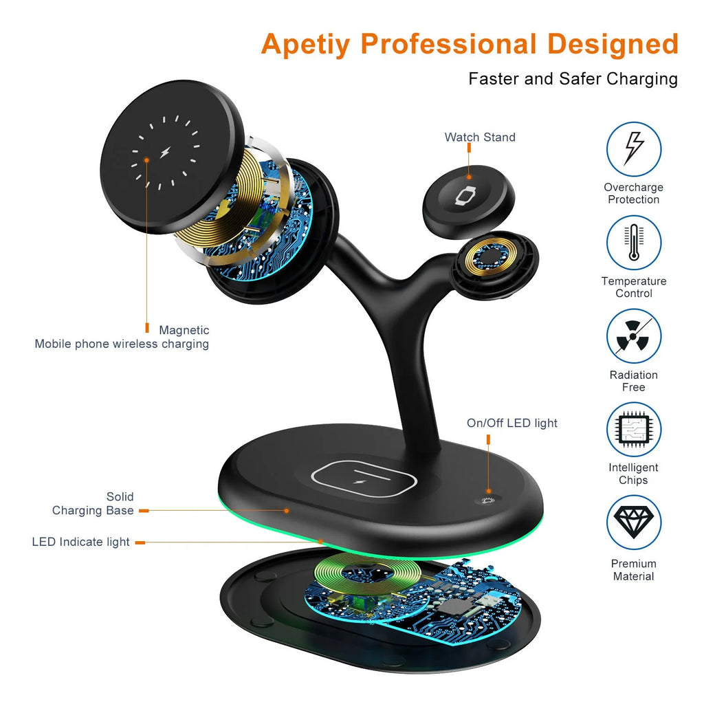 Black three-in-one magnetic wireless charger with ABS case on desktop