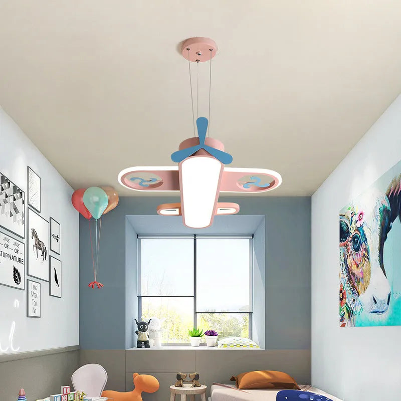 Blue or pink cartoon plane LED chandelier with iron frame and aluminium alloy body for children's room ceiling