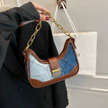 Brown denim women's bucket shoulder bag with diamond mesh patterns and chain details