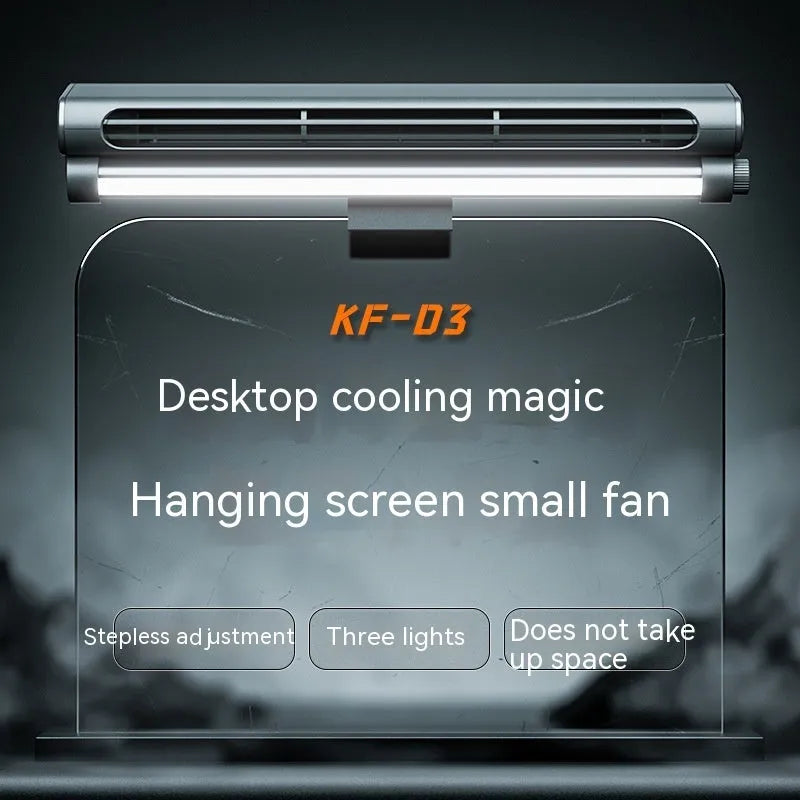 Black USB-powered bladeless fan with clip mount attached to laptop screen showing integrated lighting