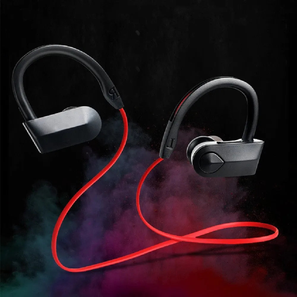 Wireless neck-mounted Bluetooth earphones in black, blue or red colours showing neckband and earpieces