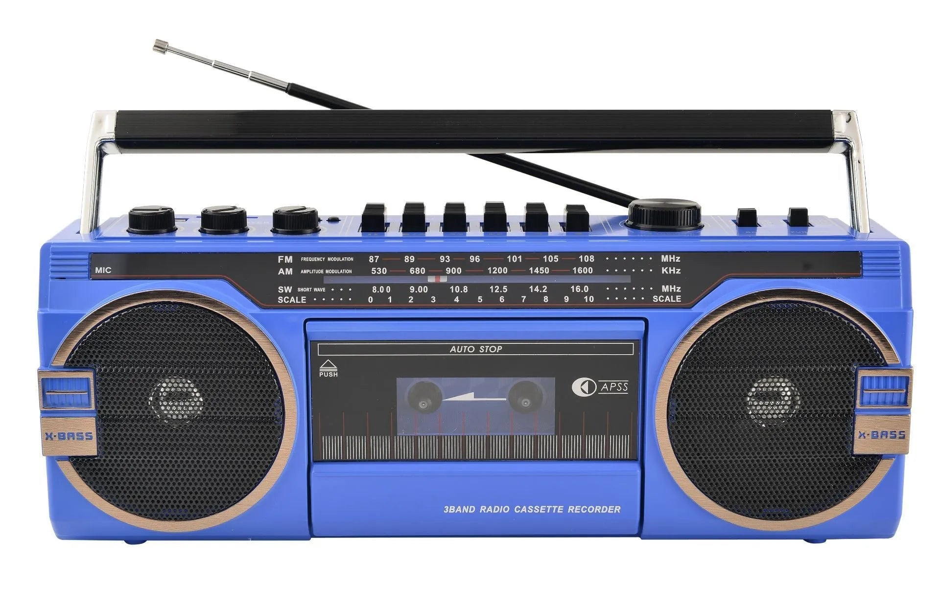 Antique high-power four band recorder manual mono radio with USB interface in blue colour, 35x11x13cm