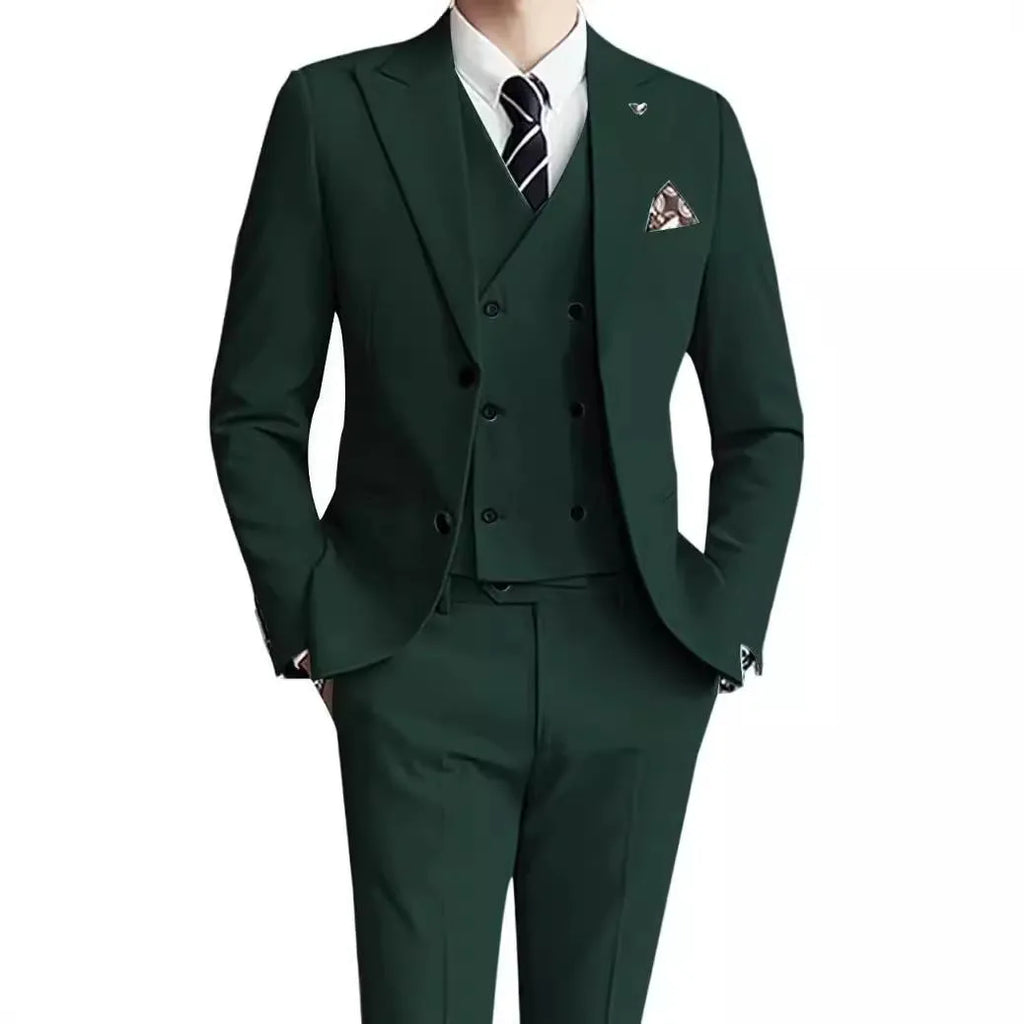 Men's three-piece suit set in linen blend fabric with jacket, waistcoat, and trousers, colour silver grey, front view