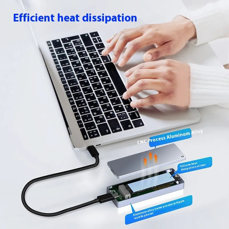 Type-C M.2 NVMe SSD enclosure kit with aluminium housing, screwdriver, screws, heat pad, and adapter cable