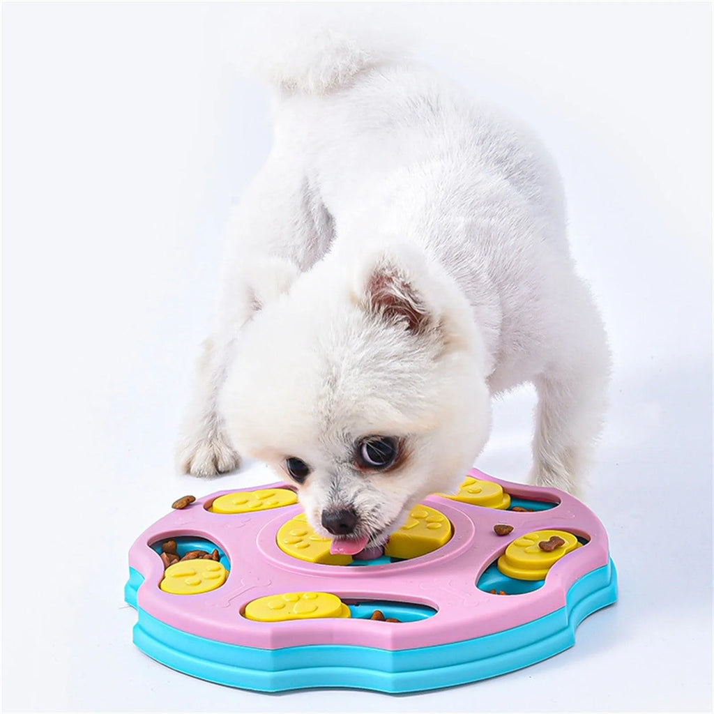 Blue and pink dog puzzle feeder toy for aggressive chewers, a food-searching interactive game.