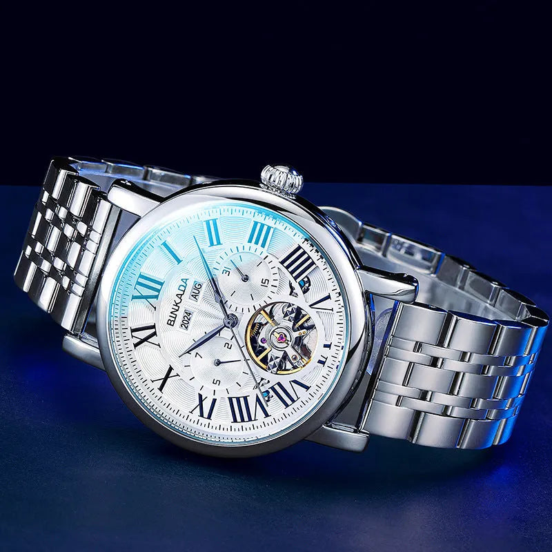 Multifunctional mechanical men's automatic waterproof watch with steel strip black bracelet