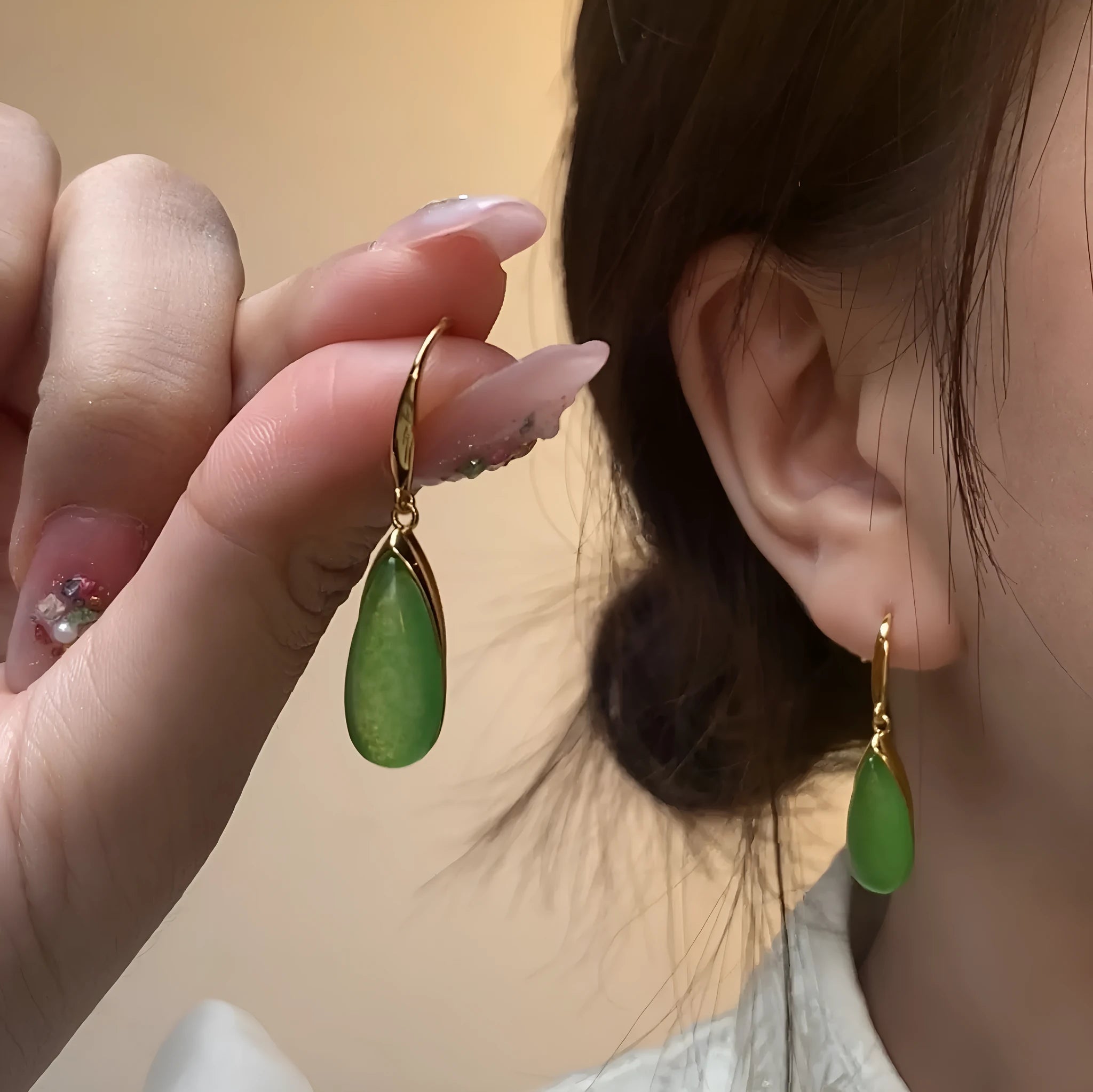 Retro Chinese-style geometric water droplet earrings in CP798 jade green colour on copper material