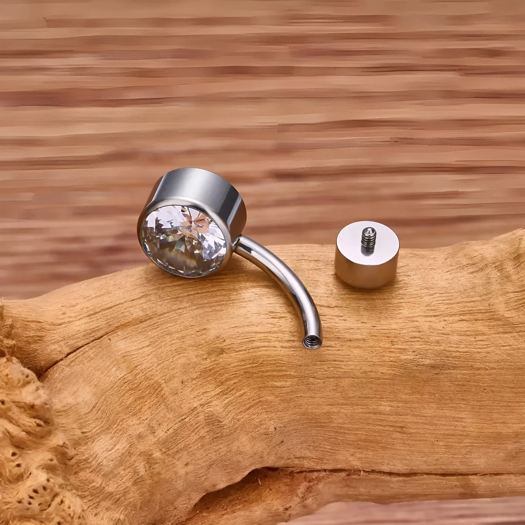 Titanium alloy double-headed navel stud with internal thread in geometric shape showing colour options