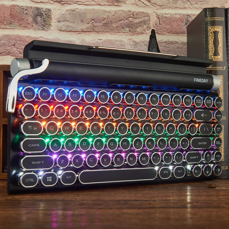 Black retro typewriter mechanical keyboard with Bluetooth connectivity and seven-colour backlight