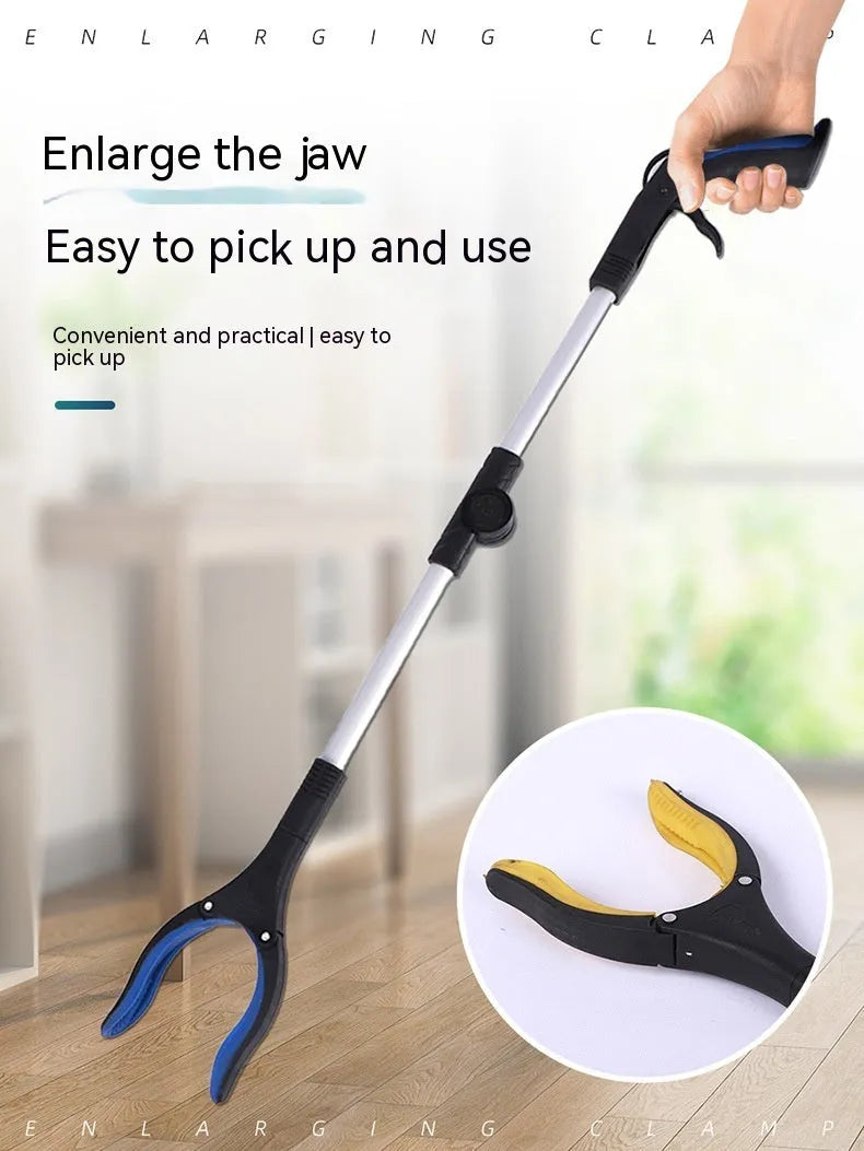 Foldable aluminium litter picker tool with magnet sucker, shown extended and with a blue handle.
