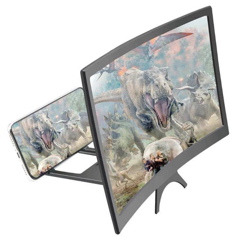 12 inch mobile screen magnifier with curved arc frame holding a phone in anti-slip slot on a desk