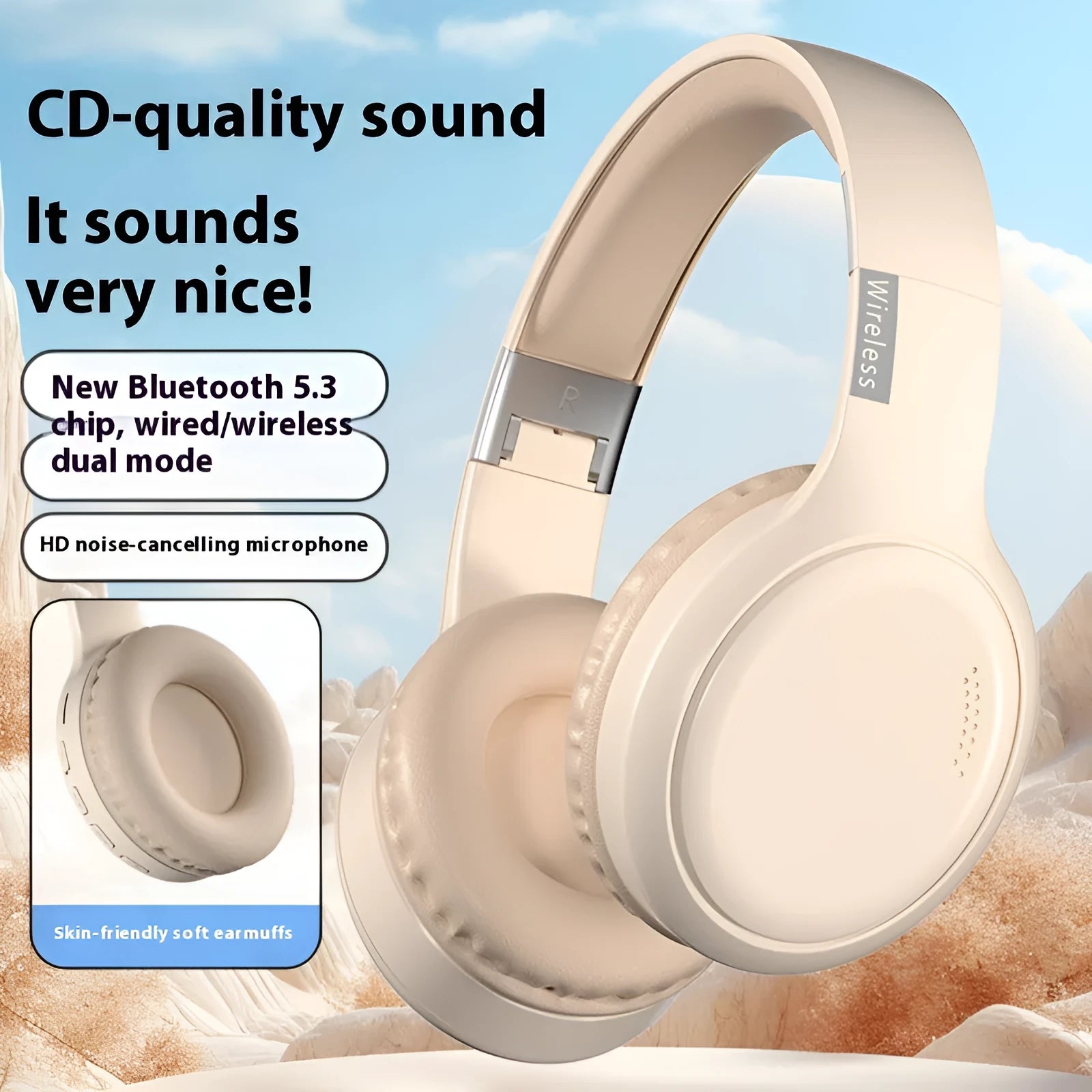 V10 Bluetooth headset wireless in milky white, lightweight ABS material, head-mounted design