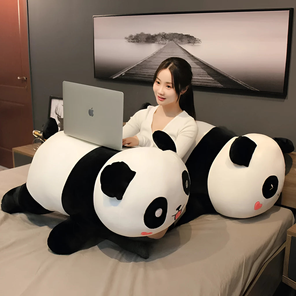 Large lying panda pillow in stretch soft velvet with down cotton filling, 85cm size, Triangle-Eye Smile design