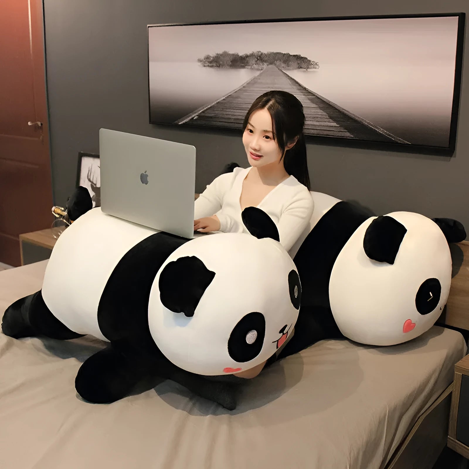 Large lying panda pillow in stretch soft velvet with down cotton filling, 85cm size, Triangle-Eye Smile design