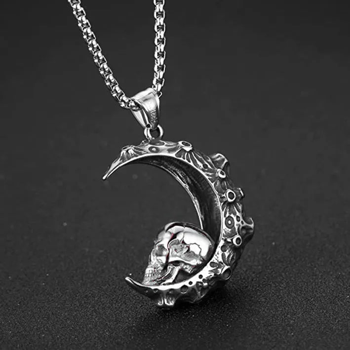 Silver stainless steel men's skull necklace with alloy pendant in six design variations