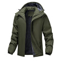 A plus size man wearing a loose-fitting hooded waterproof coat in army green