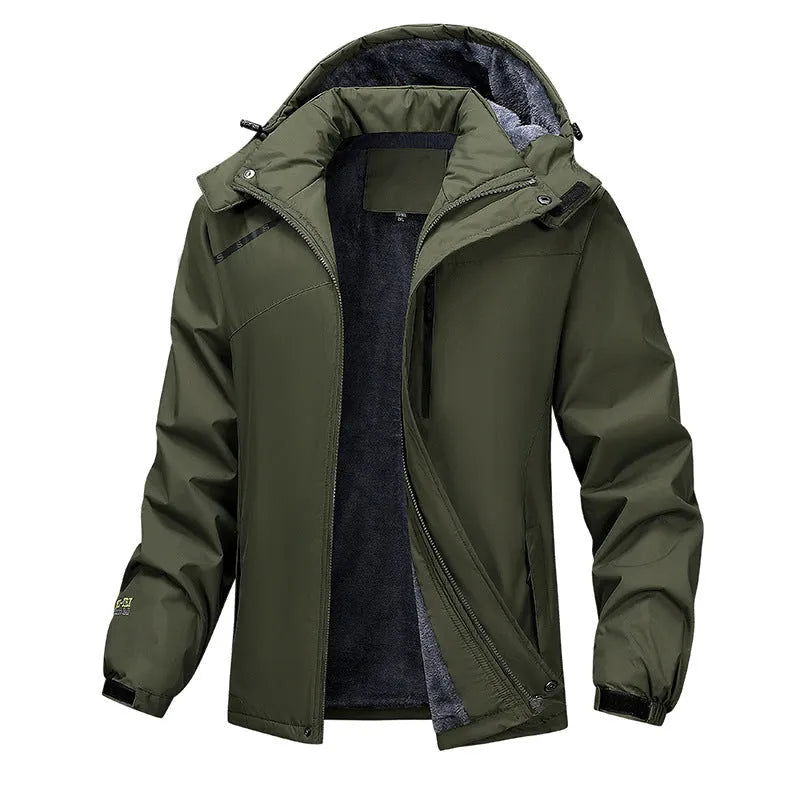 A plus size man wearing a loose-fitting hooded waterproof coat in army green