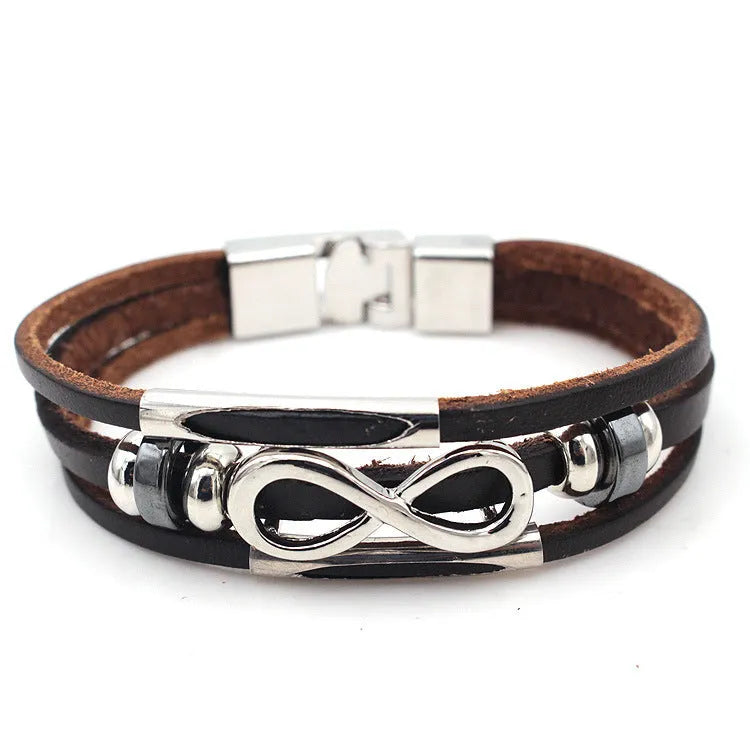 Men's leather bracelet retro geometry design black colour 21cm total length metal fitting
