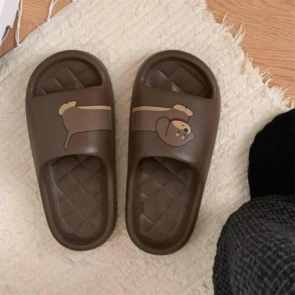 EVA couple household slippers in three colours with dog stitching print and thickening flip-flop sole.