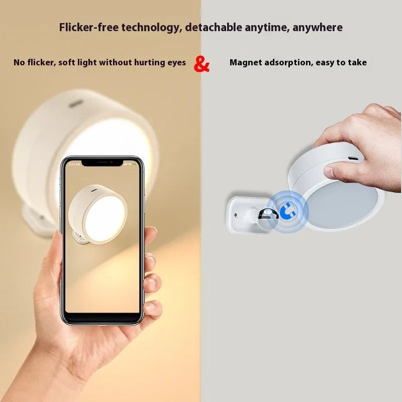 Round rotatable bedside wall lamp with geometric stereo design in white shell against wall showing magnetic mount