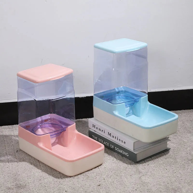 Portable automatic cat feeding and drinking station in blue, measuring 27x15.5x27cm