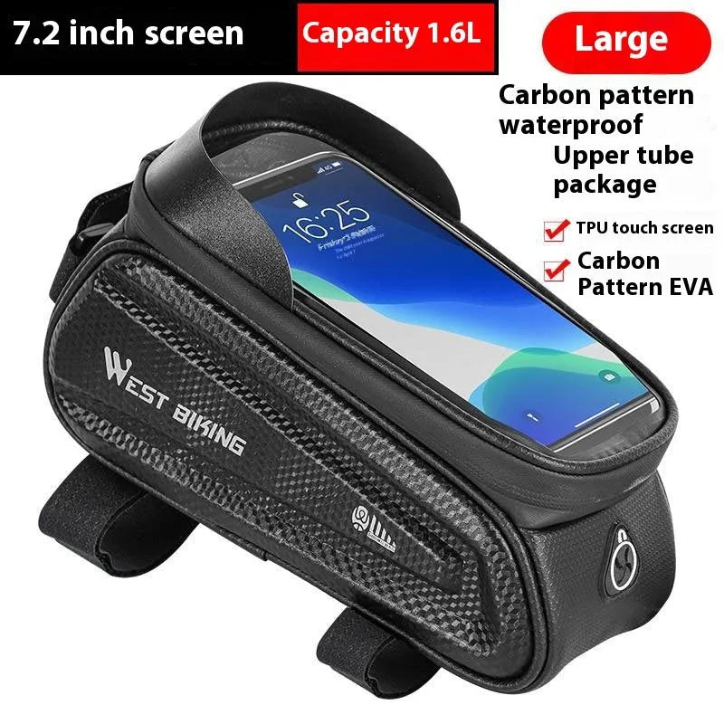 Black EVA bicycle saddle bag with touch screen upper, 1.6L capacity, for 6.5 or 7.2 inch phones