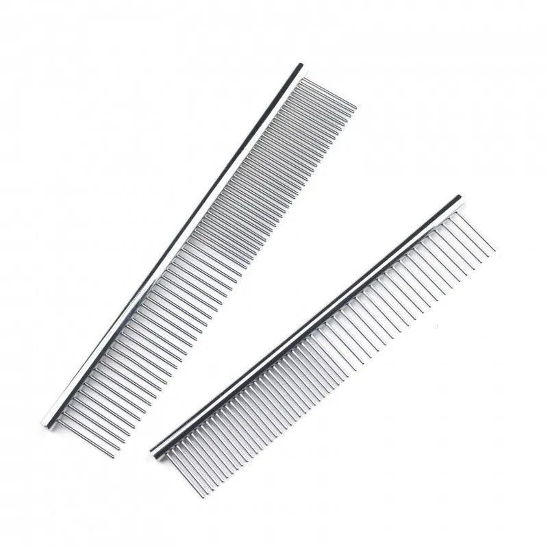 Silver stainless steel straight pet comb for cats and dogs, available in multiple sizes, with metal teeth and a solid handle.