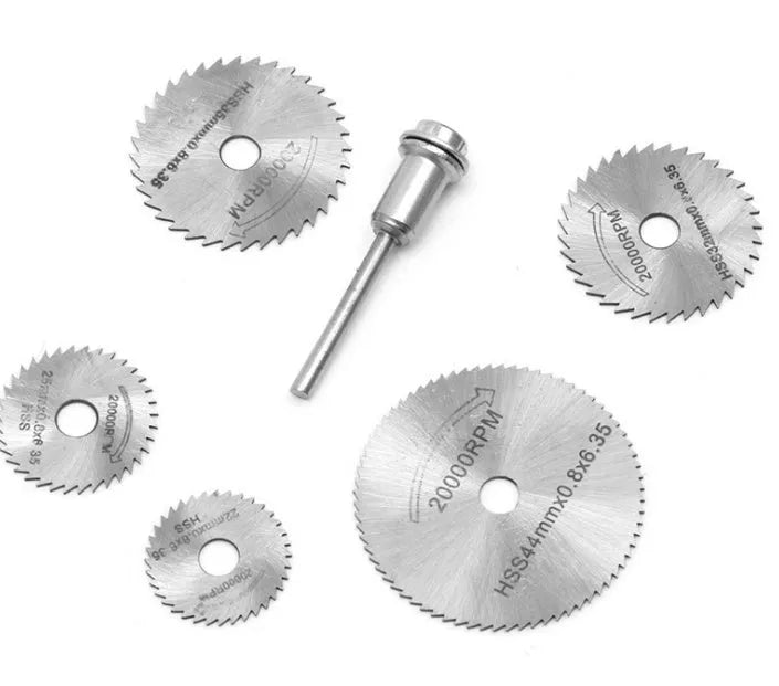 Six circular saw blades with mandrel, high-speed steel construction for woodworking