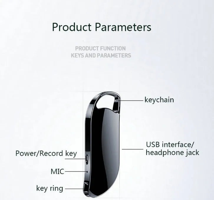 Keychain digital voice recorder in silver metal shell with keyring attachment