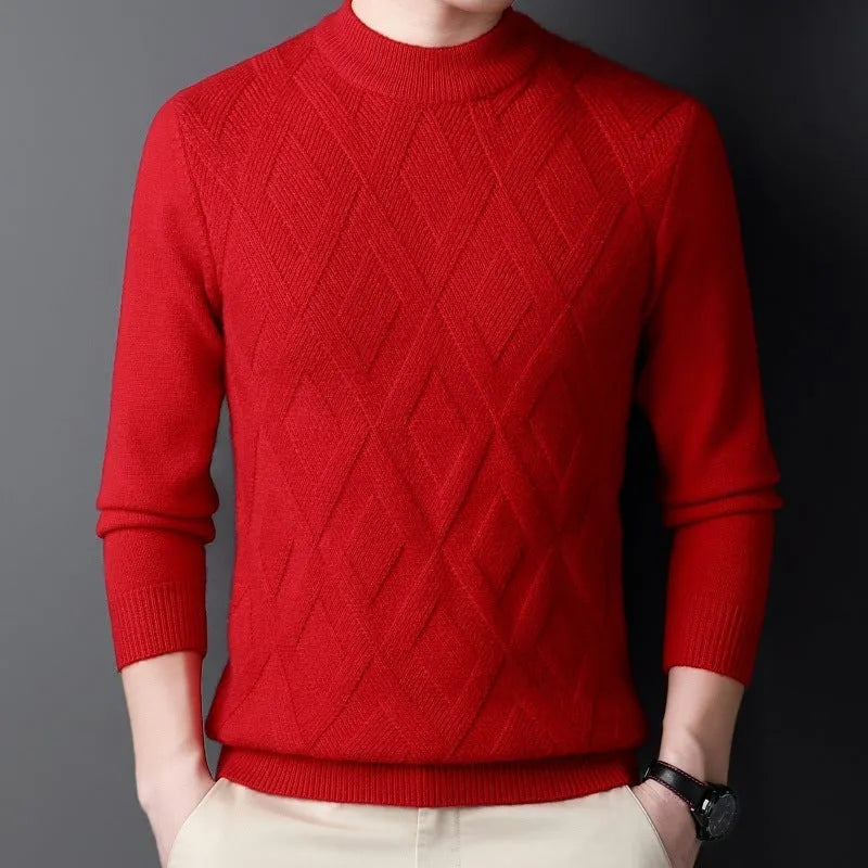 Men's winter thicken thermal plus size sweater in diamond jacquard wool blend pullover