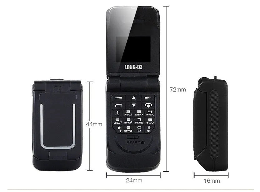 Mini flip phone in golden colour with small screen and flip cover design