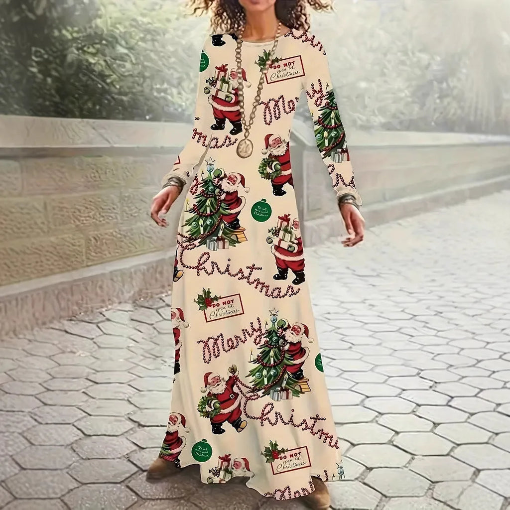 Santa Claus printed round neck long sleeve dress with leather stitching in polyester, available in beige, size M