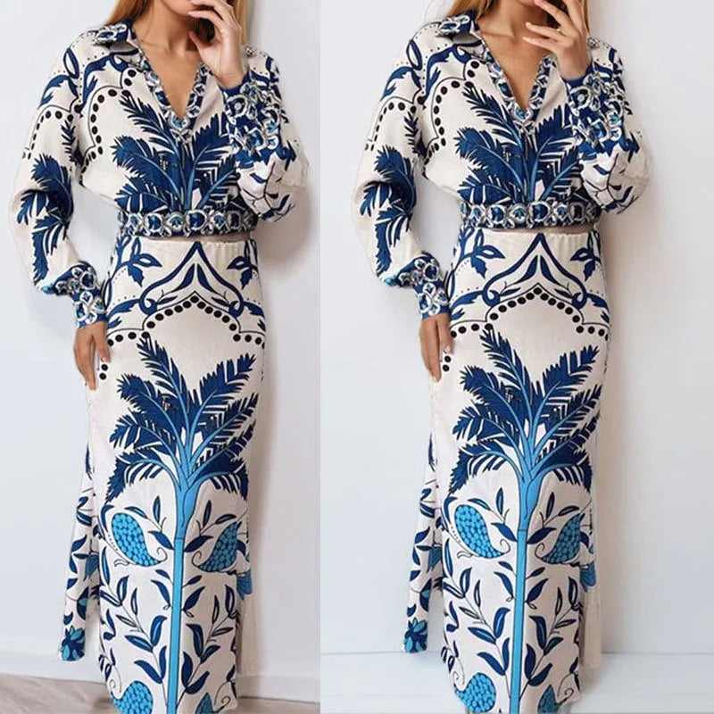 Women's floral print co-ord set with long sleeve top and matching long skirt trousers