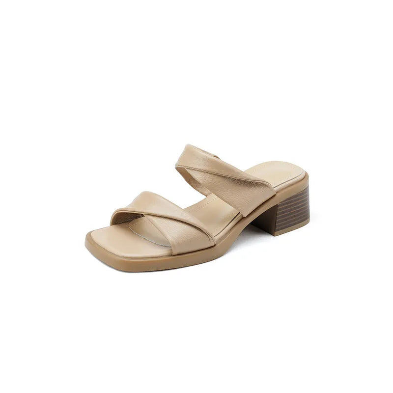 Women's French-style square toe slippers with microfiber upper and rubber sole in nude colour