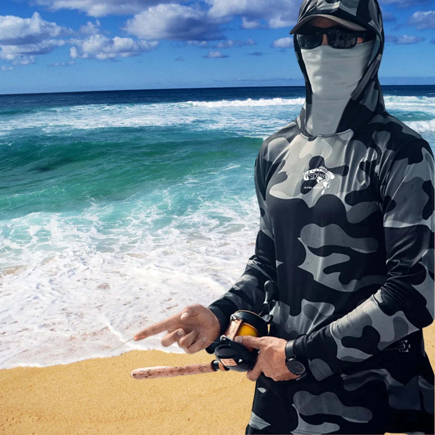 Huk Pursuit grey long sleeve fishing shirt with mesh side panels and crew neck.