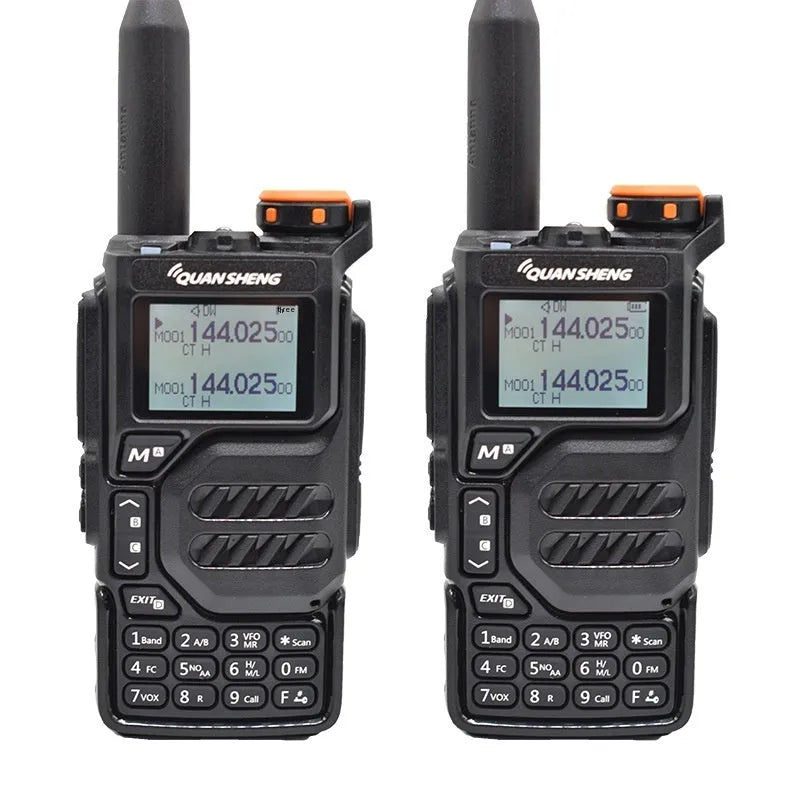 Black 5W multi-band walkie-talkie with lithium battery and antenna on plain background