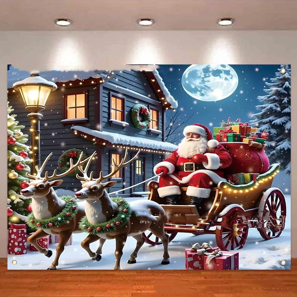 Santa Claus Christmas banner measuring 210 cm wide by 150 cm high on polyester fabric