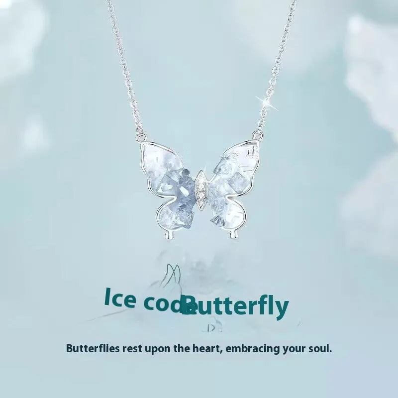 925 silver women's necklace with ice rain butterfly pendant on O-ring chain, adjustable 41-50cm length