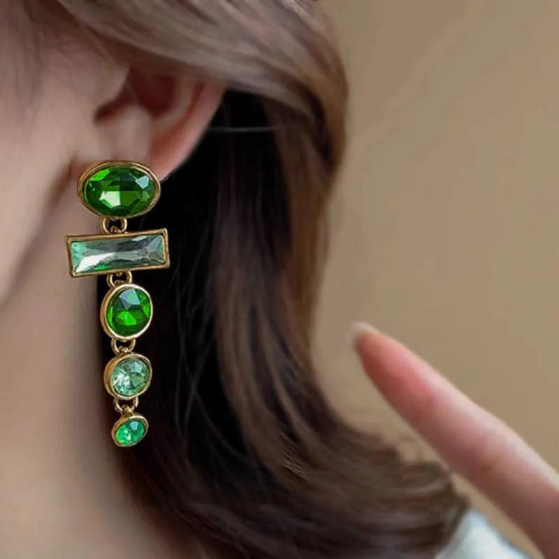 Green gradient tassel earrings with zircon inlaid detail and geometric Chinese retro style