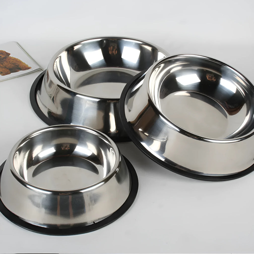 Pet non-slip stainless steel bowl in bottom diameter 22cm, classic design on a floor